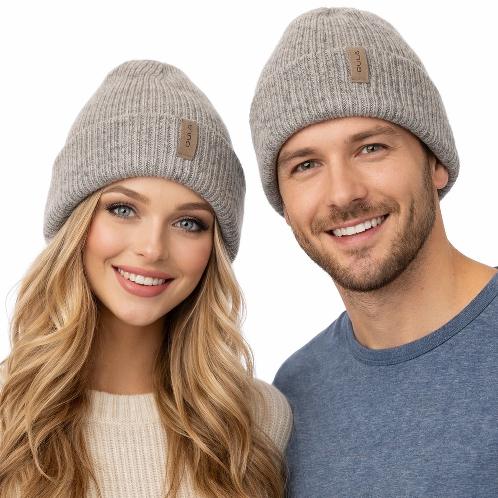 BULA Merino Wool Beanie Hat Gray Rib Knit Cuffed Winter Unisex OS